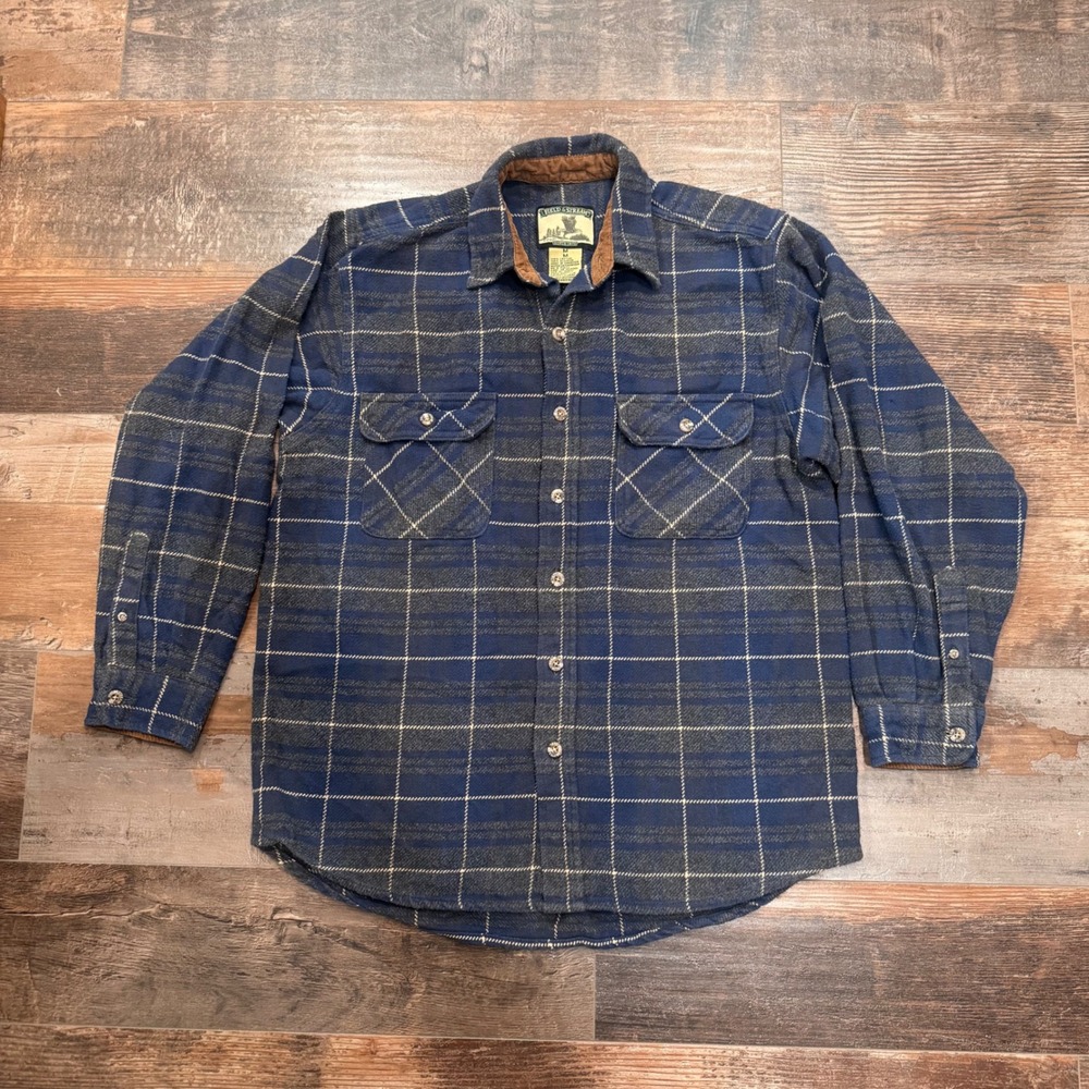 Field & Stream Mens Blue Gray Plaid Flannel Shirt Cotton Corduroy Collar Size M